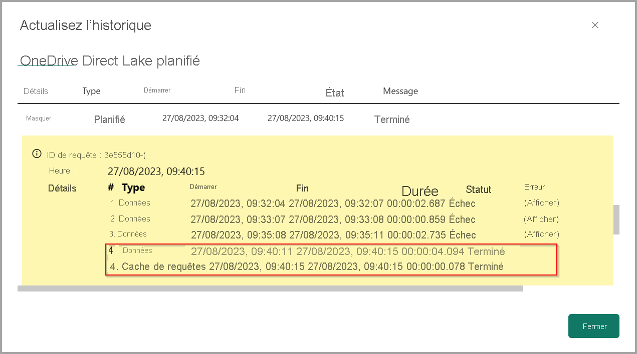 Capture d’écran de l’historique d’actualisation en cas de réussite.