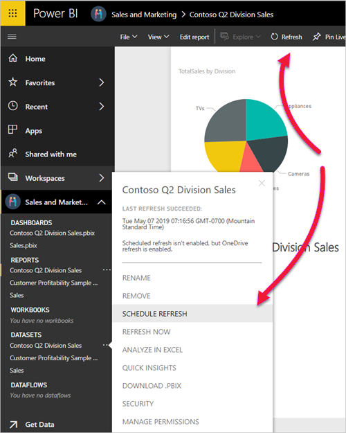 Capture d’écran du modèle sémantique dans Power BI Desktop, montrant la sélection de l’actualisation planifiée.