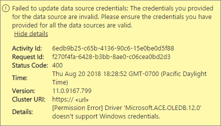 Capture d’écran montrant un message d’erreur d’informations d’identification de source de données.