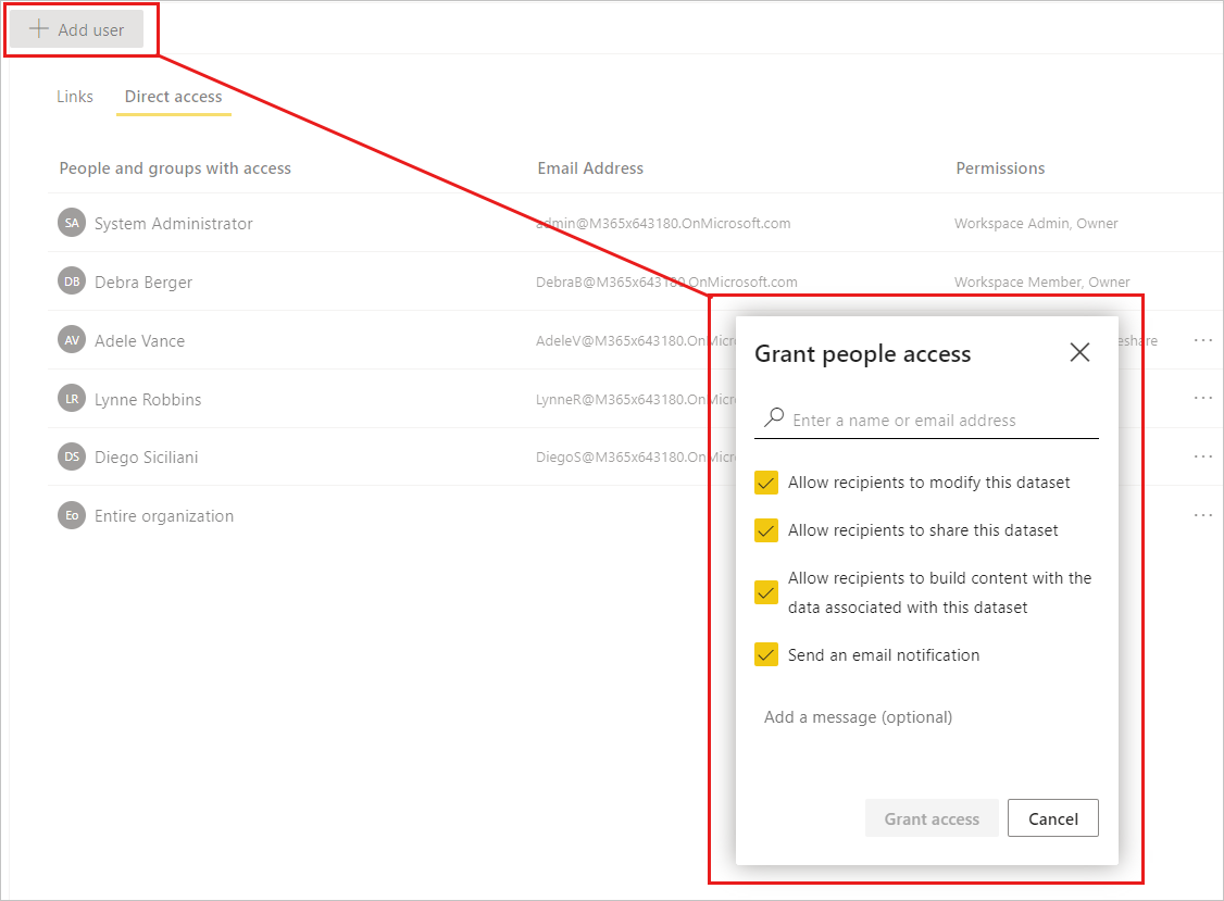 Capture d’écran de l’octroi d’autorisations d’accès à partir de l’onglet Accès direct sur la page de gestion des autorisations du modèle sémantique.