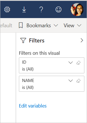 Capture d’écran montrant le lien Modifier les variables dans le volet Filtre.