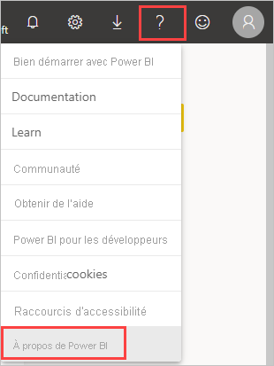 Capture d’écran montrant le point d’interrogation à partir duquel vous pouvez déterminer l’emplacement de votre locataire Power BI.