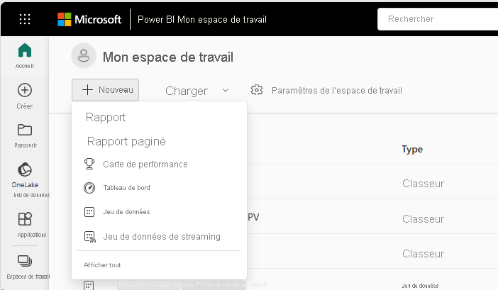 Capture d’écran montrant le menu Nouvel élément et la vignette modèle sémantique dans le volet de sélection de Mon espace de travail.