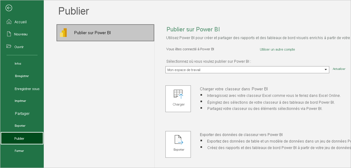 Capture d’écran montrant Publier un classeur dans Power BI dans Excel.