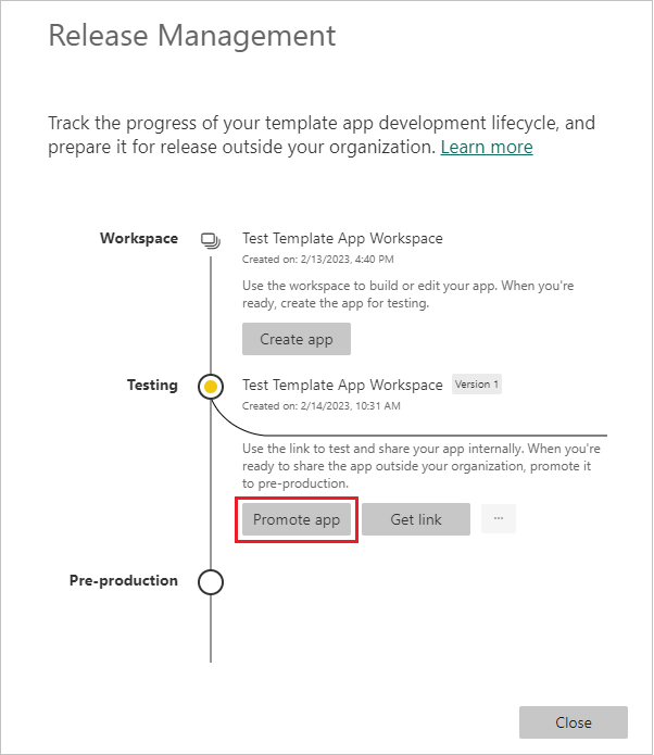 Capture d’écran du volet Gestion des mises en production avec l’option Promouvoir l’application mise en évidence.