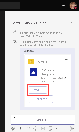 Capture d’écran du volet de conversation dans Teams avec un message montrant une icône Ouvrir mise en évidence.