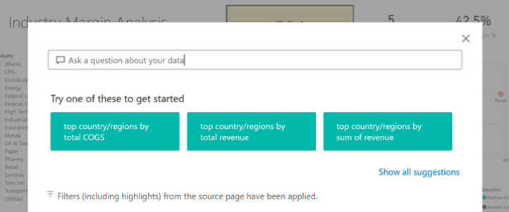 Capture d’écran d’une fenêtre Explorateur Questions et réponses Power BI, ouverte avec des questions suggérées.