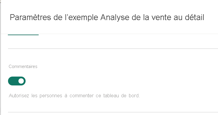 Capture d’écran montrant le bouton bascule pour désactiver les commentaires sur un tableau de bord.