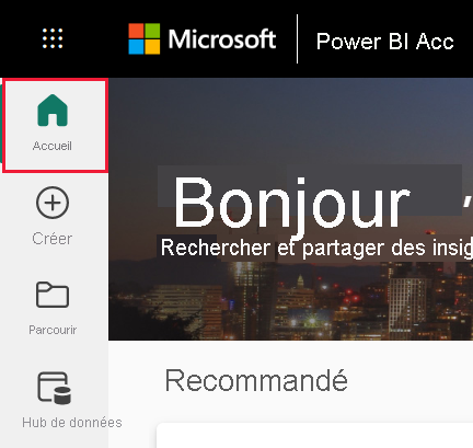 Capture d’écran du volet de navigation du service Power BI, avec Accueil sélectionné.