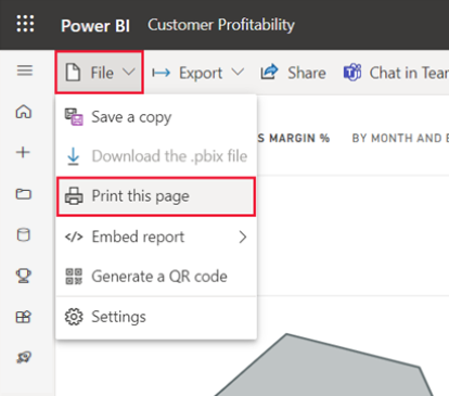 Capture d’écran du menu Ouvrir le fichier et imprimer cette page sélectionnée du service Power BI.