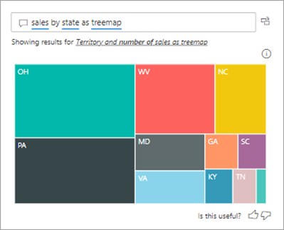 Capture d’écran montrant une recherche Q&A pour les chiffres de vente dans un format treemap.