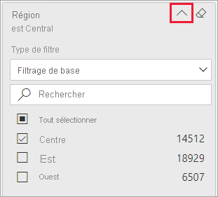 Capture d’écran d’un filtre développé et de la flèche à côté du nom du filtre mis en évidence.