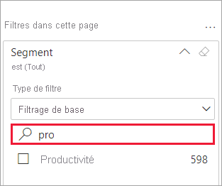 Capture d’écran d’un filtre développé avec la zone de recherche sélectionnée.