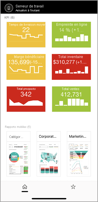 Capture d’écran de la page d’accueil du serveur de rapports dans les applications mobiles.