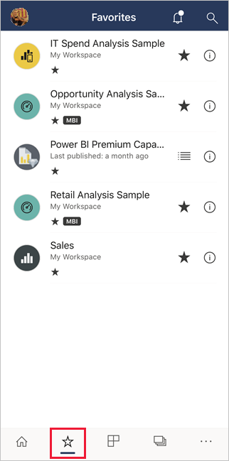 Favoris dans les applications mobiles Power BI