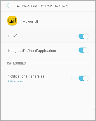 Capture d’écran montrant un écran de téléphone Android intitulé Power BI où vous pouvez autoriser et gérer les notifications.