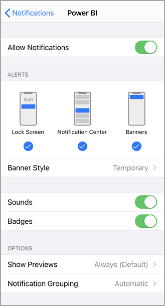 Capture d’écran montrant un écran iPhone intitulé Power BI où vous pouvez autoriser et gérer les notifications.