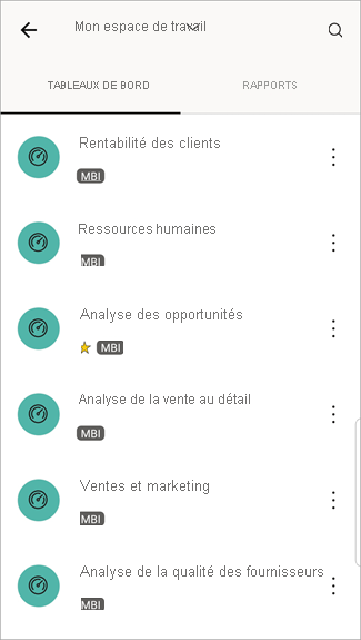 Capture d’écran montrant un écran de téléphone Android avec Mon espace de travail avec TABLEAUX DE BORD sélectionné.