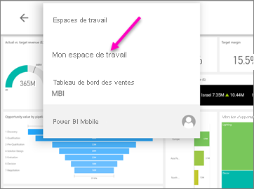 Capture d’écran montrant le menu de navigation sur une tablette Android avec Mon espace de travail appelé.