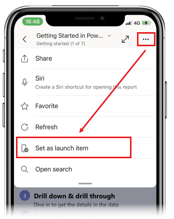 Capture d’écran de l’option Configurer un élément de lancement sur un rapport sur l’application mobile Power BI.