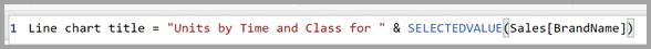Capture d’écran montrant la formule DAX : titre du graphique en courbes = « Unités par heure et classe pour » &SELECTEDVALUE(Sales[BrandName]).