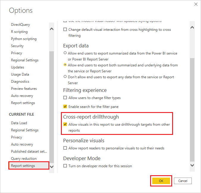 Capture d’écran montrant l’activation de l’extraction interrapport dans Power BI Desktop.