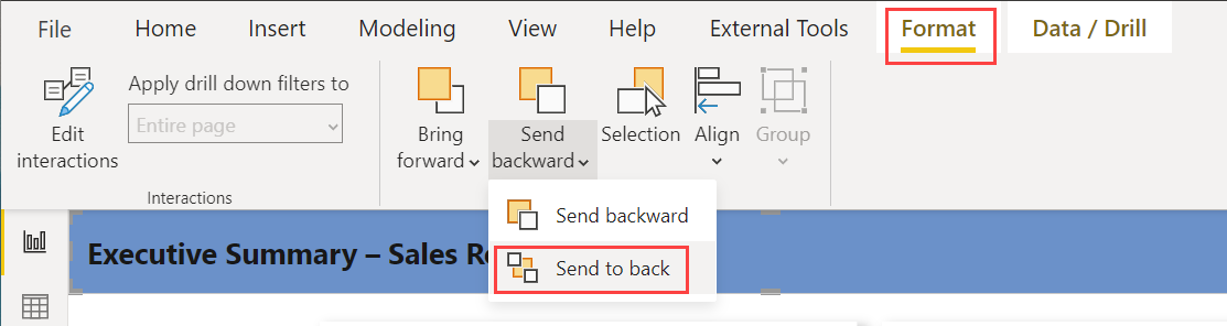 Capture d’écran du ruban Format, option de menu Mettre en arrière-plan.