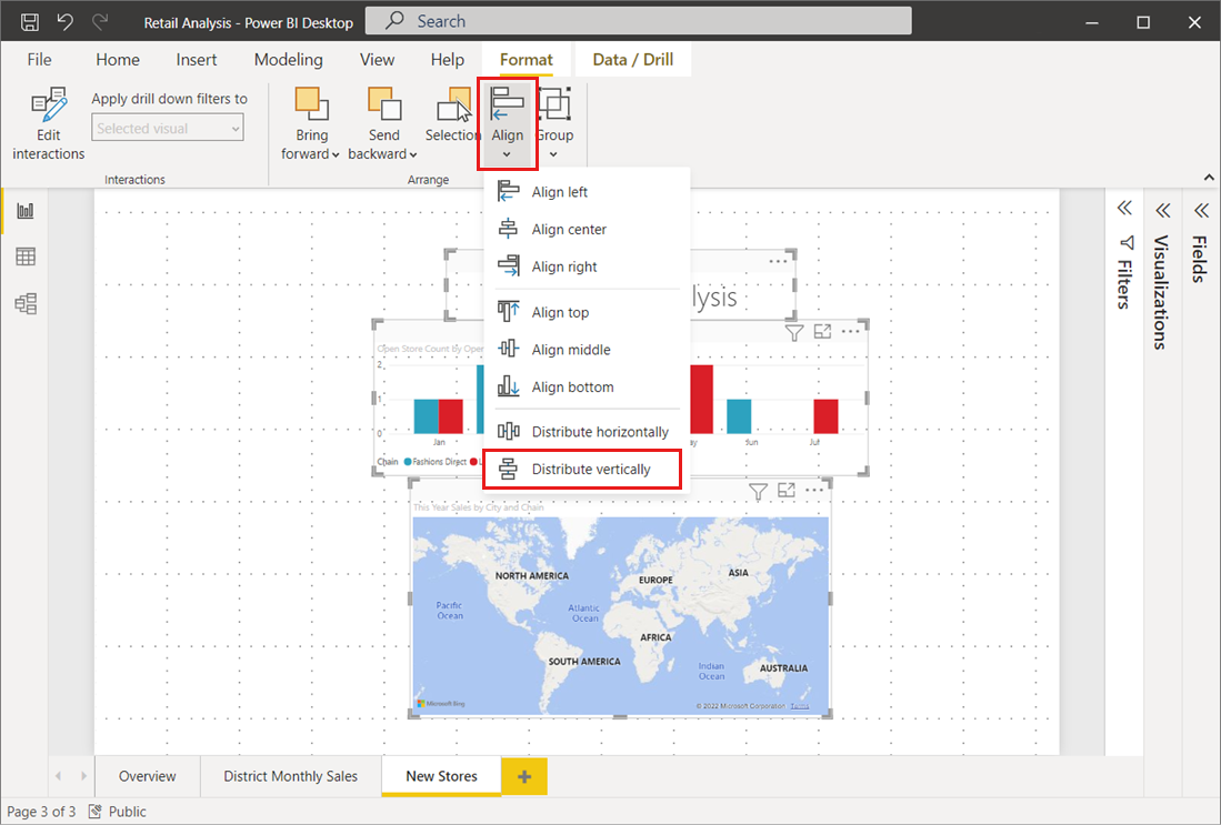 Capture d’écran du canevas de rapport montrant trois visuels et l’option Distribuer verticalement.