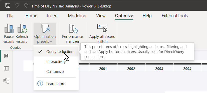 Capture d’écran des éléments de menu des présélections d’optimisation sur le ruban.