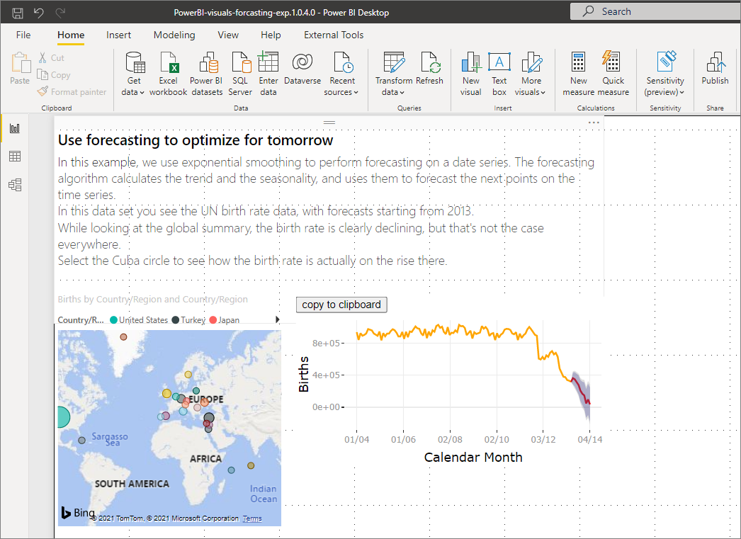 Capture d’écran de l’utilisation du visuel Forecasting basé sur R avec des données et des projections de taux de natalité.