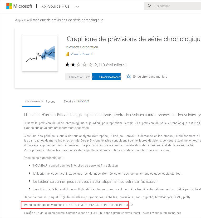 Capture d’écran montrant les versions de R prises en charge pour un visuel personnalisé Power BI basé sur R.