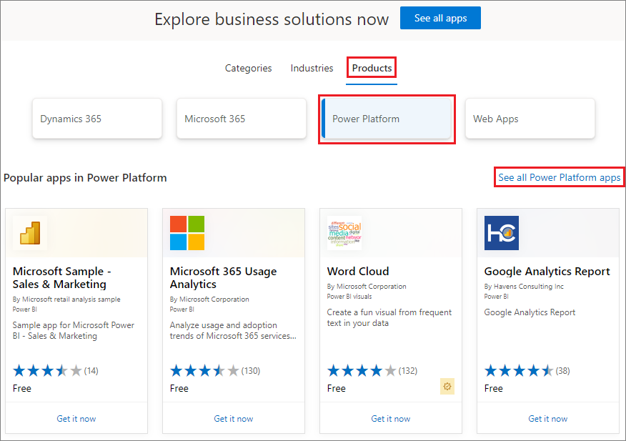 Capture d’écran d’AppSource avec les applications Power Platform sélectionnées sous Produits.