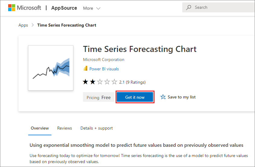 Capture d’écran montrant le visuel Power BI Graphique de prévision de série chronologique dans AppSource.