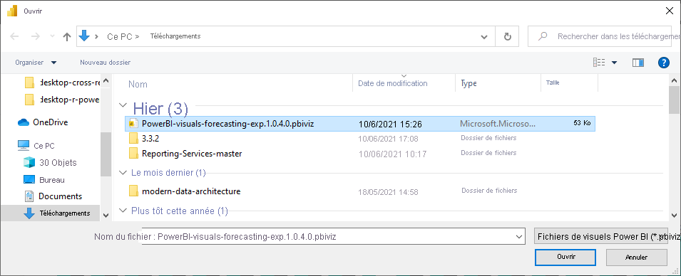 Capture d’écran montrant la sélection d’un fichier de visualisation personnalisée Power BI pour importation.