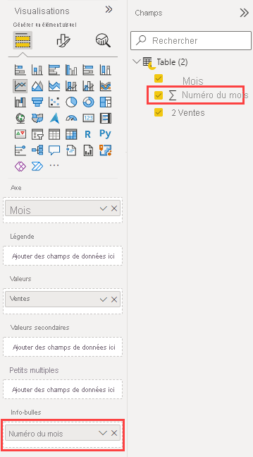 Capture d’écran du service Power BI. Dans le volet Visualisations, le compartiment de champs Info-bulles contient le champ Numéro du mois et est mis en surbrillance.