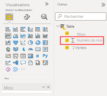 Capture d’écran des volets Visualisations et Champs dans le service Power BI. Dans le volet Champs, le champ Numéro du mois est mis en surbrillance.