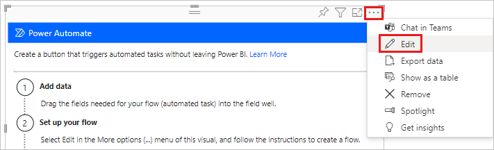 Capture d’écran montrant l’option Modifier sélectionnée dans le visuel Power Automate