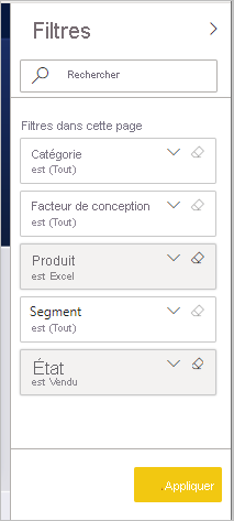 Capture d’écran du volet Filtres, affichant les filtres appliqués.