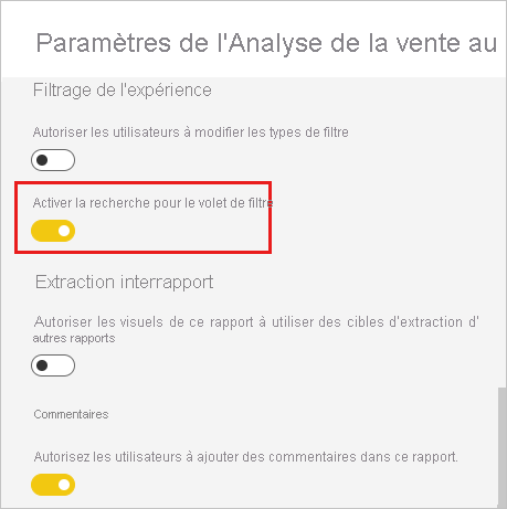 Capture d’écran montrant l’option Activer la recherche pour le volet Filtres.