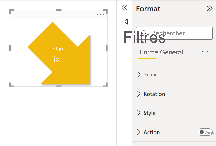 Capture d’écran d’une forme de flèche mise en forme en ajoutant du texte, de l’ombre et de la rotation.