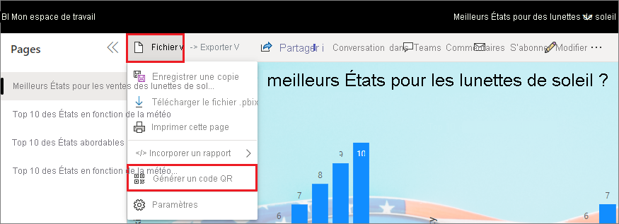 Capture d’écran d’un rapport, mettant en évidence les options Fichier et Générer un code QR.