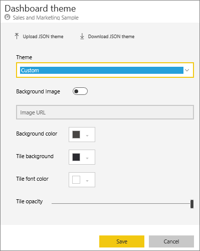 Capture d’écran de la boîte de dialogue Thème du tableau de bord avec l’option Thème personnalisé sélectionnée.