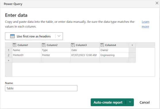 Capture d’écran montrant l’UX Power Query pour ajouter des données manuellement dans le service Power BI.