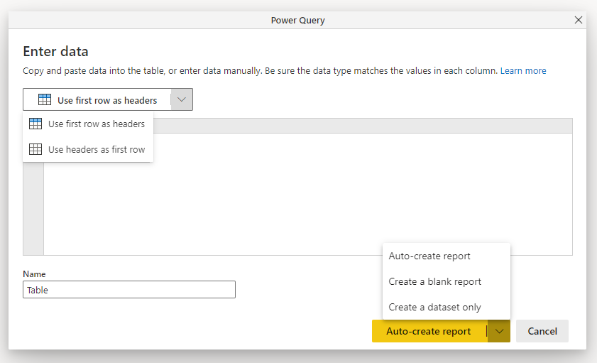 Capture d’écran de la fenêtre Power Query pour la saisie de données.