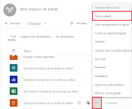 Capture d’écran de Mon espace de travail, mettant en évidence d’autres options et Créer un rapport.