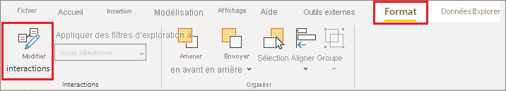 Capture d’écran du menu Format Power BI Desktop, mettant en évidence Modifier les interactions.