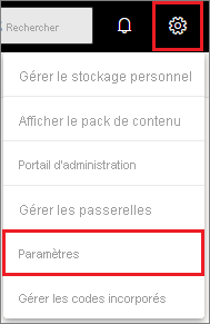 Capture d’écran de la barre de menus Power BI, mettant en surbrillance l’icône d’engrenage et l’option Paramètres.