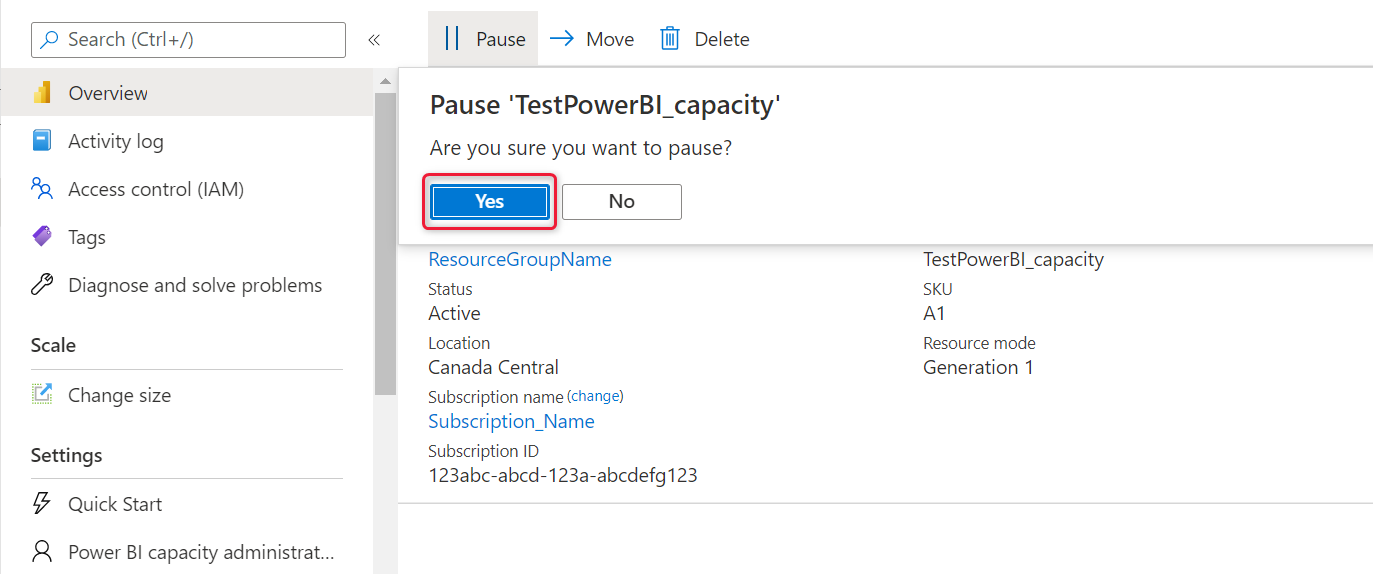 Capture d’écran du Portail Azure, qui montre le bouton Oui en surbrillance dans la boîte de dialogue Mettre en pause une capacité.
