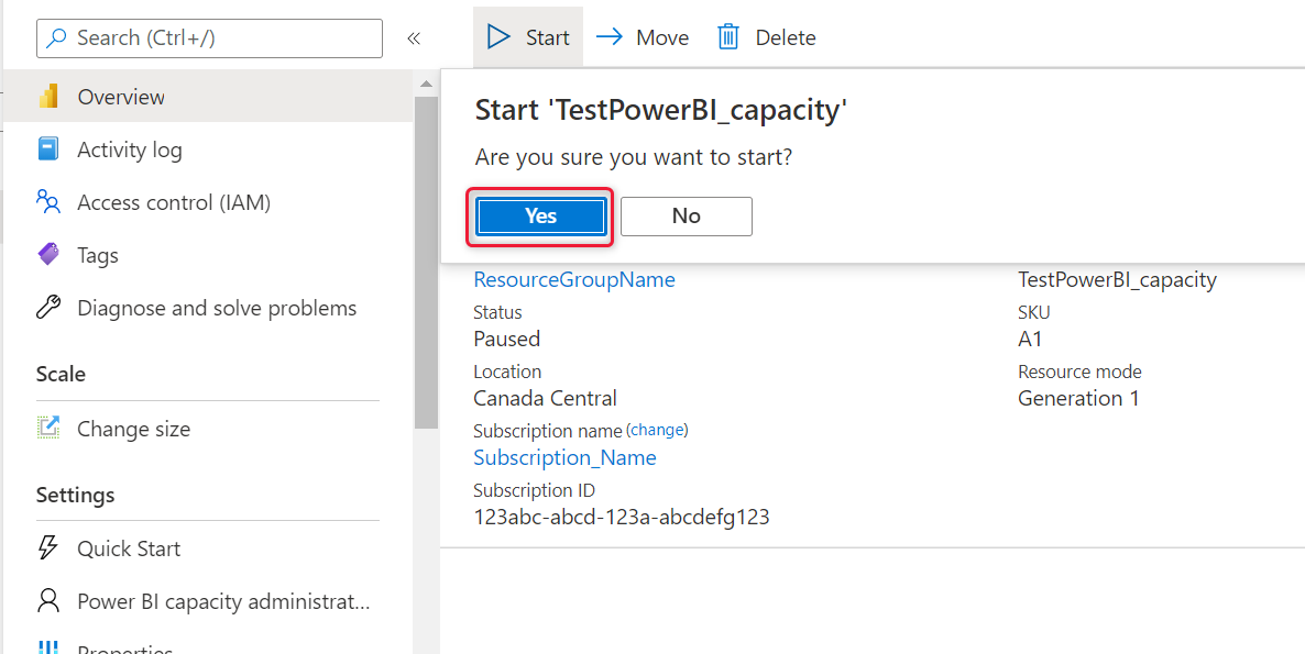 Capture d’écran du portail Azure, qui montre le bouton Oui mis en surbrillance dans la boîte de dialogue de capacité de démarrage.