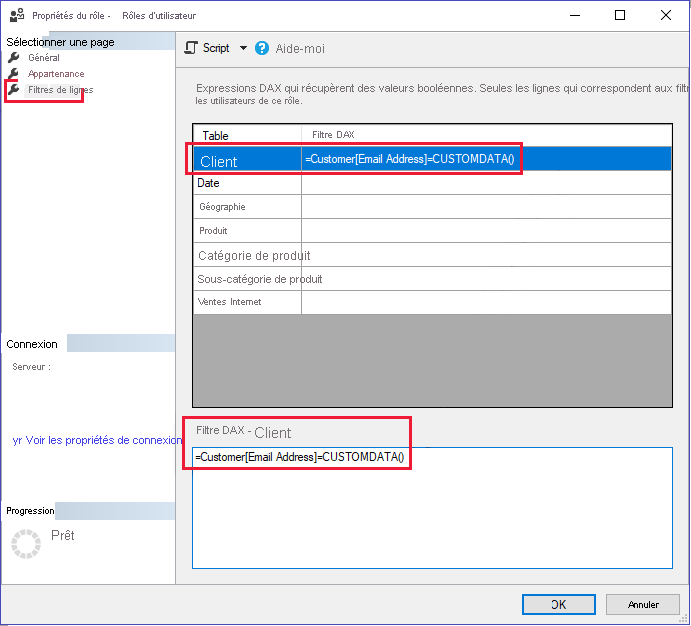 Capture d’écran montrant comment ajouter la fonction customData à la requête DAX dans un nouveau rôle dans le serveur Analysis Services.